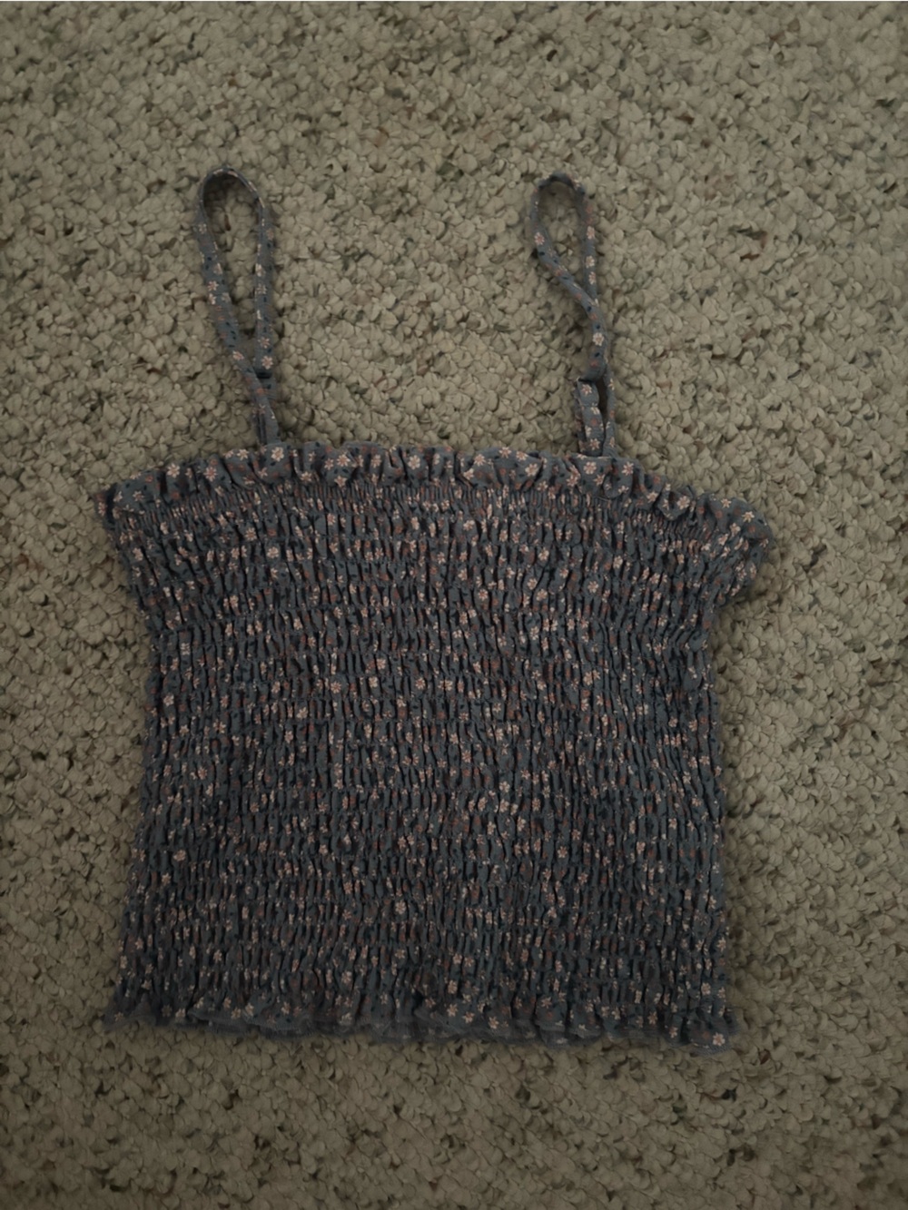 Smocked Knit Tank Top with Thin Straps - Dusty Blue with Pink Speckle